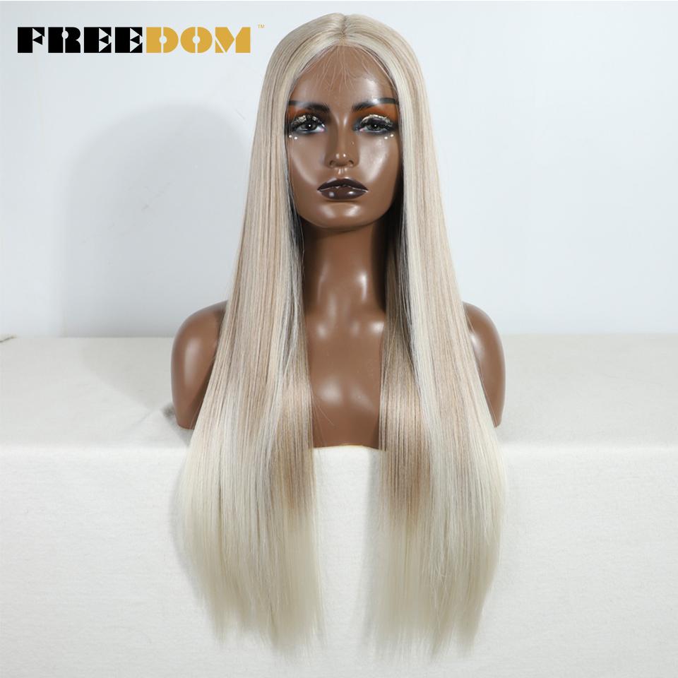 FREEDOM Long Straight Synthetic Lace Front Wigs For Women 30 Inch Ombre Blue Blonde Lace Wig Easy Wear Cosplay Wig
