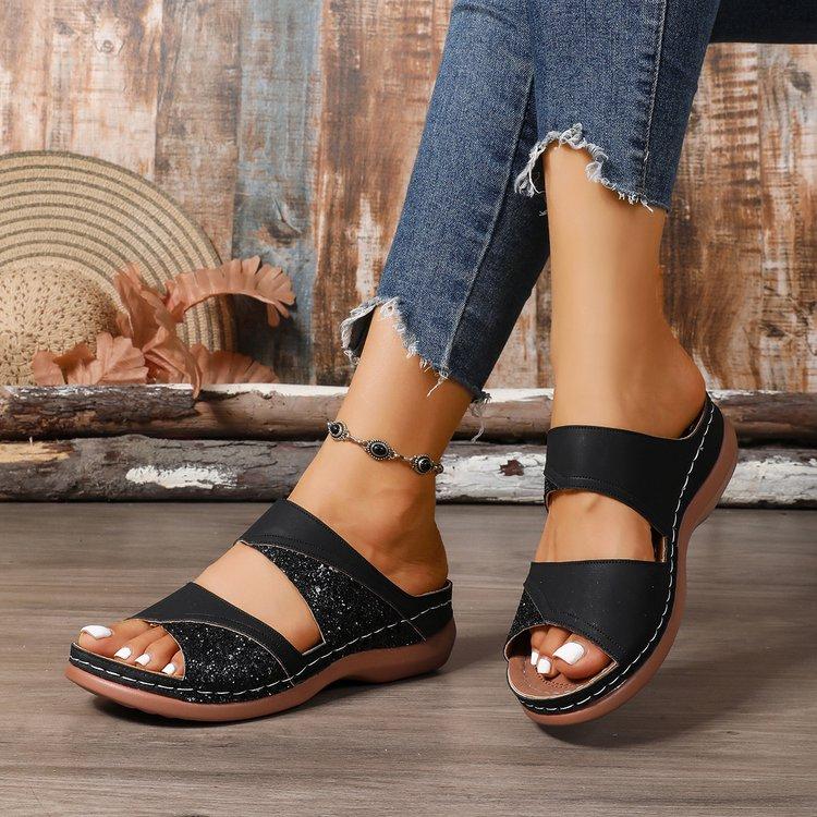 Women's Glitter Two Strap Wedge Sandals Open Toe Soft Sole Comfortable Walking Shoes for Summer Beach Vacation Casual Daily Wear