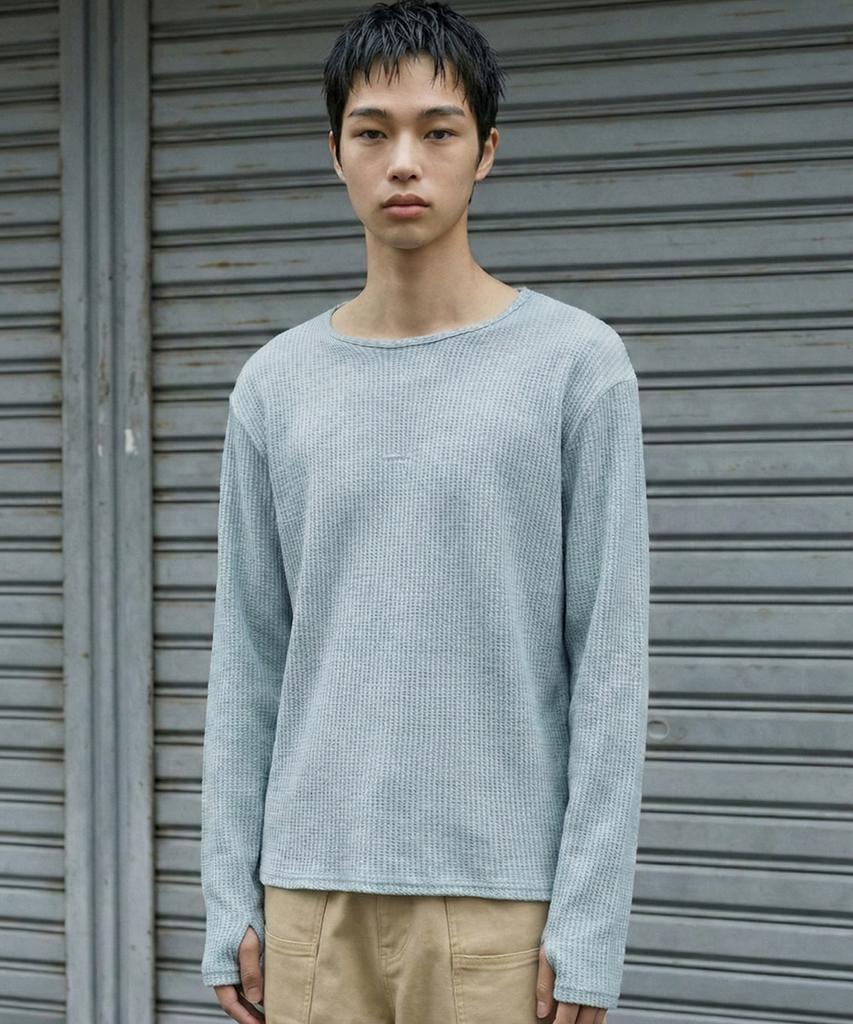 BALLUTE Boat Neck Finger Hole Long Sleeve (Skyblue Waffle)