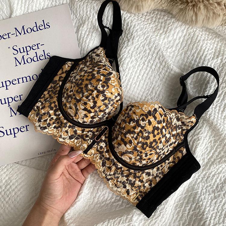 Leopard Lace Bra for Women Sexy Gather and Adjustment Bra Push Up Bra Wide Back Strap Invisible Bra Fancy Underwear