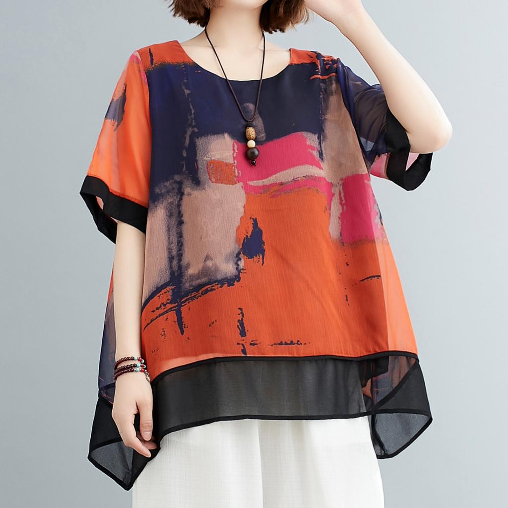 DIMANAF 2025 Summer Short Plus Size T-Shirt Women Short Sleeve Loose Chiffon Printing Shirts