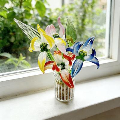 Handmade Glass Orchid Flower Decoration Hand-Blown Mini Floral Ornament with Stem Home Office Indoor Colorful Blossom