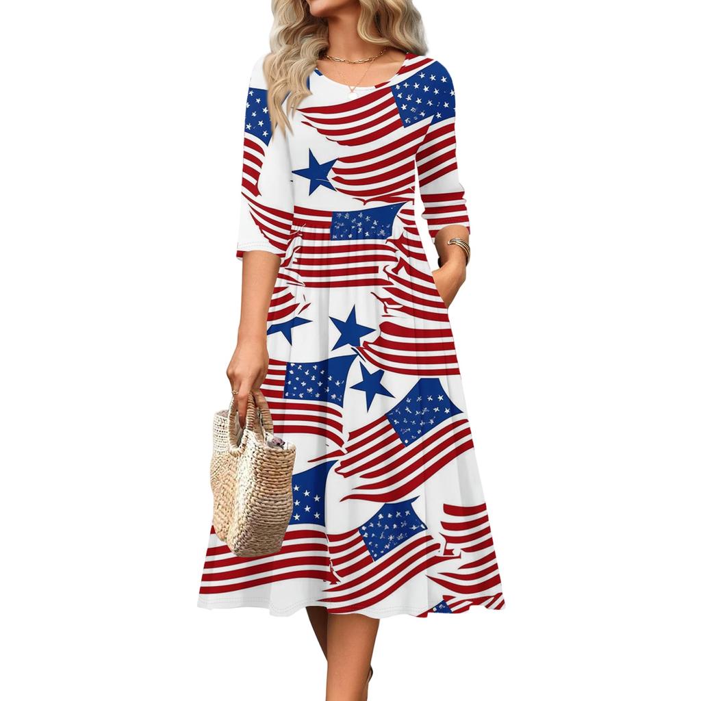Women's Casual Round Neck Midi Dress Three Quarter Sleeve Waist Cinched Independent Day Style Spring Autumn Dress