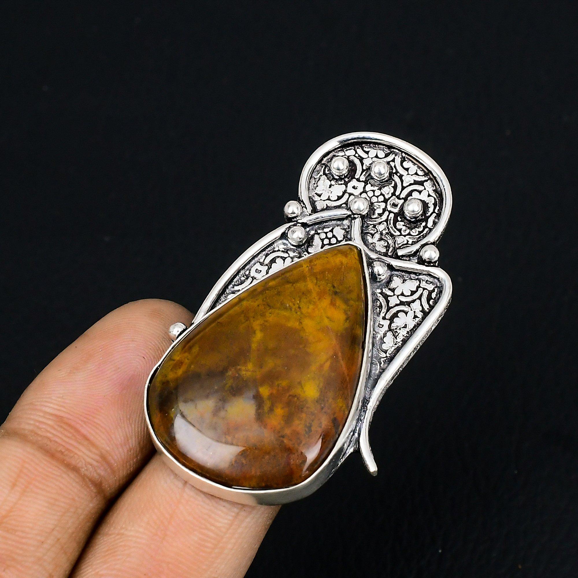 Natural Moroccan Seam Agate Gemstone Stackable Brown Ring Size 7.5 925 Silver 7.5