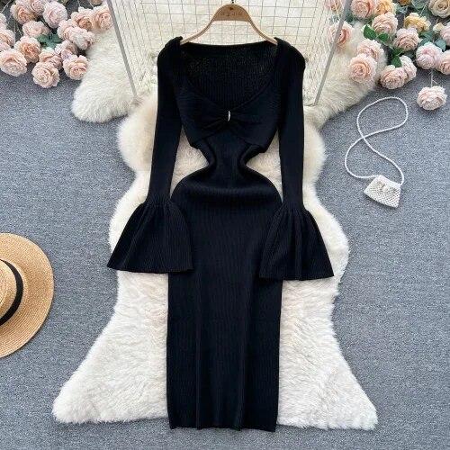 Sexy Bodycon V Neck Flare Pletené šaty s dlouhým rukávem Elegantní Elegantní Vestidos Podzimní Ženy Módní Hip zavinovací šaty