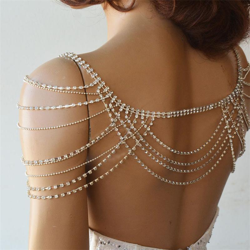 Xqwewanticeaa Women's Silver European And American Fashion New Bridal Multi-Layer Rhinestone Shoulder Chain Party Wedding Shiny Crystal Fringed Shawl Necklace