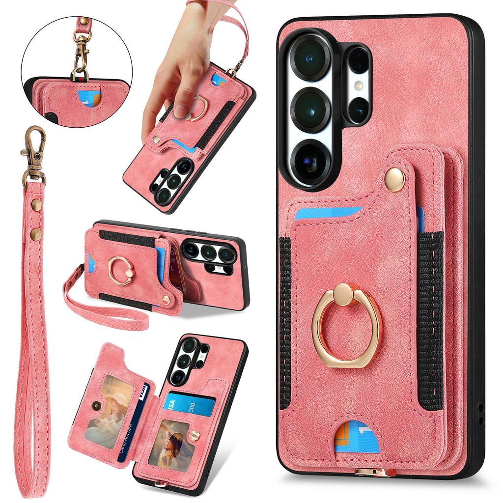 Ring Holder Cards Solt Leather Wallet Case For Samsung S25 Ultra S24 Plus S23 A16 A17 A07 Magnetic Kickstand Pocket Strap Cover