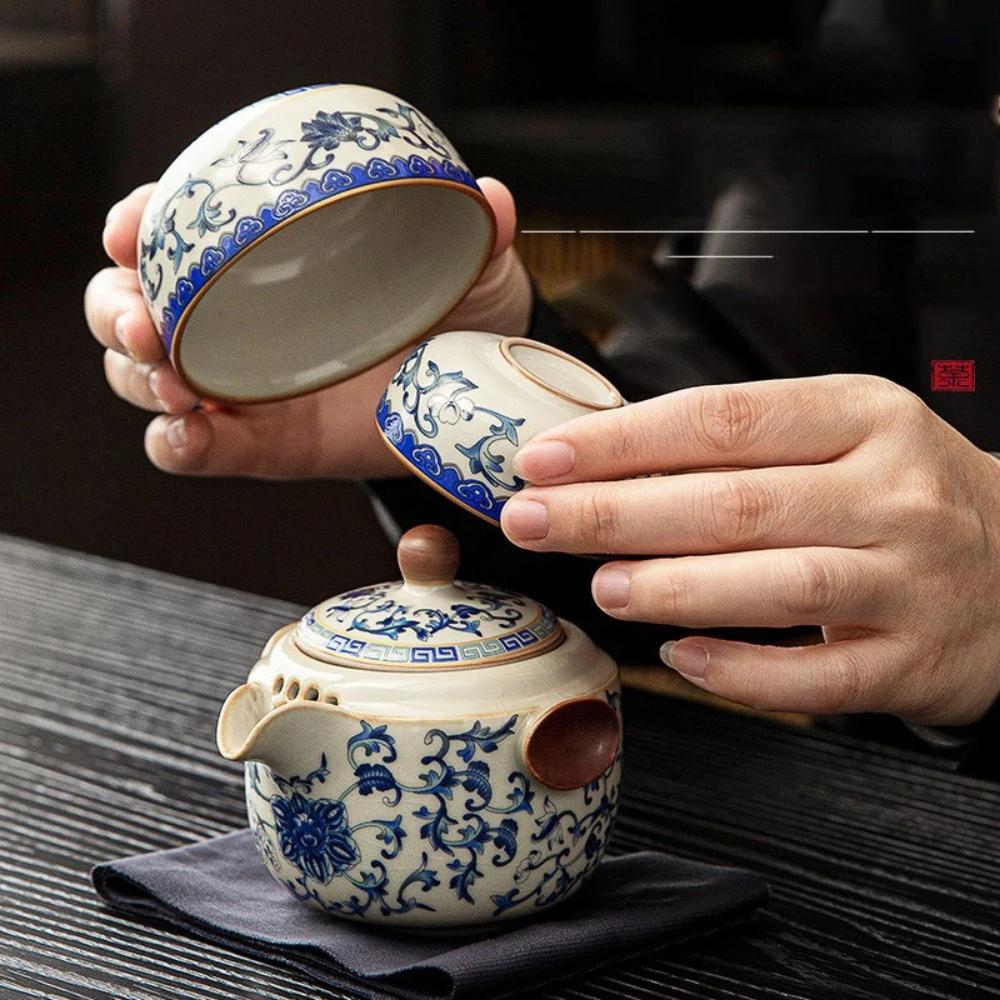 Blue and White Ru Kiln Travel Tea Set Quick Cup Portable Tea Set Kung Fu Tea Set Storage Bag Camping Outdoor Office Drink Pot