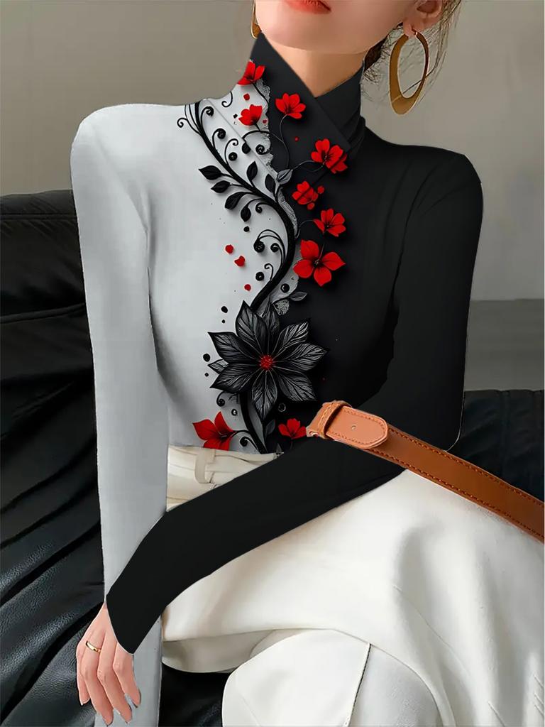 Women's Printed Cheongsam Collar Slim-fitting Long-sleeved T-shirt, Elegant Long-sleeved Bottoming Shirt, Spring and Autumn Women's Clothing