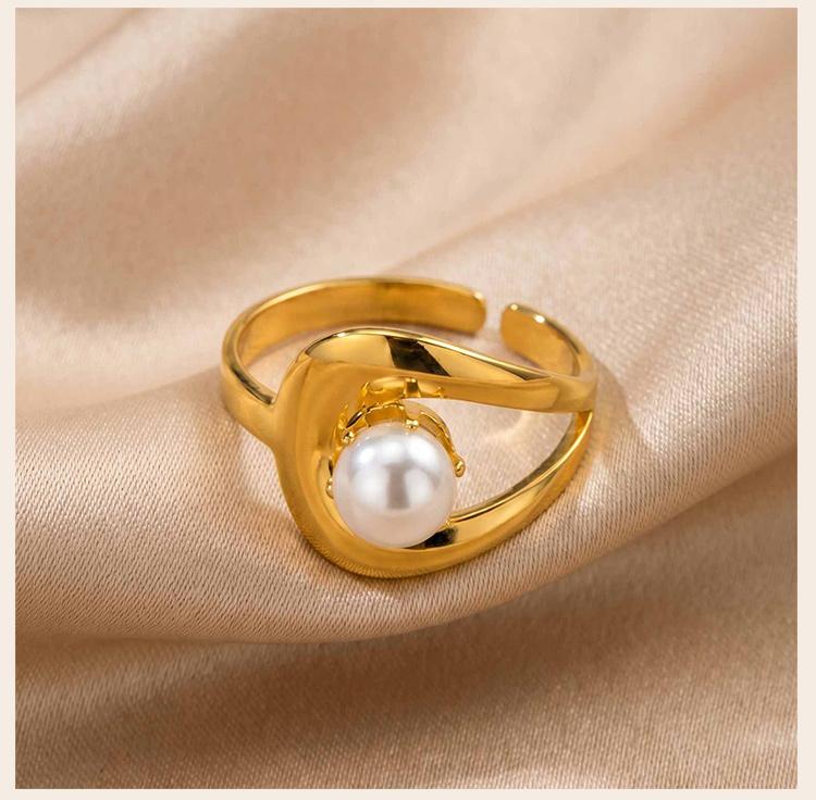 Luxury 18K Gold Plated Open Wrap Ring, Abstract Swirl Pearl Adjustable Minimalist Stainless Steel Jewelry Gift for Women