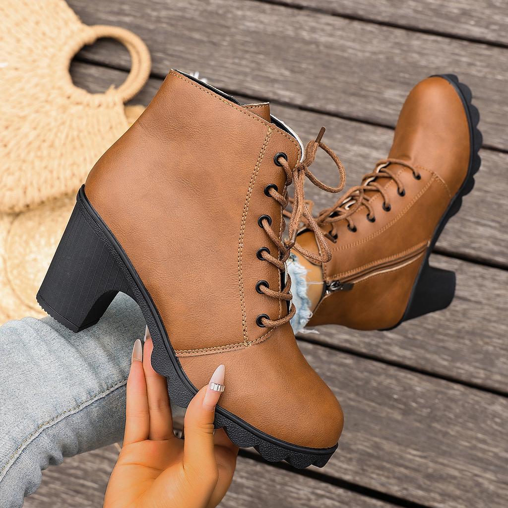 Autumn and Winter New Thick Heel High Heel Fashion Martin Boots Women's European and American Round Head Side Zipper Large Size Foreign Trad