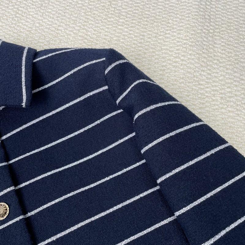Womens 2026 Short Cropped Blazer With Silk Lining Navy Striped Wool Blend Notched Collar Single-Breasted Button Front