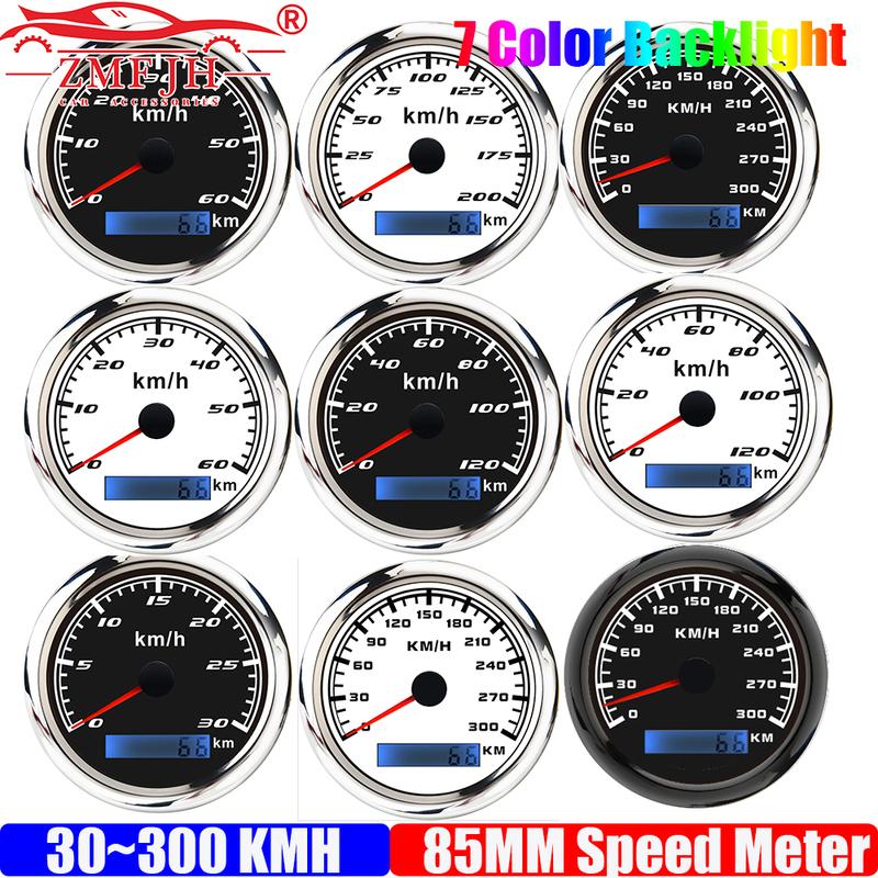 ZMFJH 30KMH-300KMH 85mm Analog Pulse Speedometer Gauge 7 Color Light Speed Meter Pulse Signal Speedometer Car Boat Yacht 12V24V