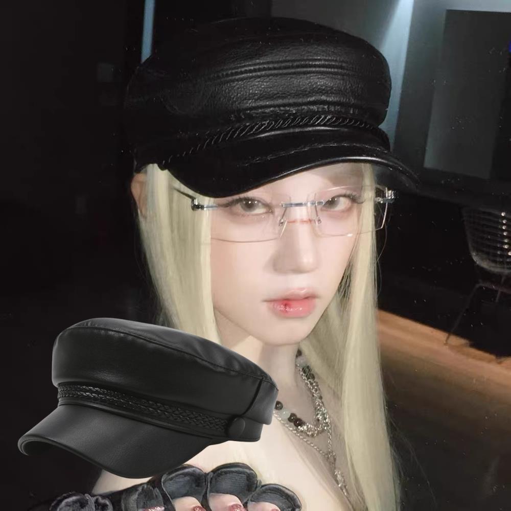 Hot Women'S Trendy Beret Harajuku Gothic Lolita Punk Cap Pu Leather Flat Top Versatile Beret Retro Flat Tops Visor Newsboy Cap
