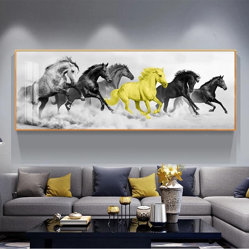 Six Running Black and Gold Horse Animals Posters and Prints Art Canvas Painting Wall Art Picture for Living Room Classical Mural No Frame