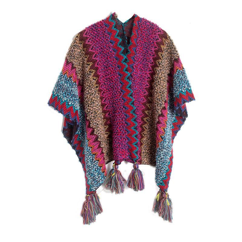 Women's Fashion Spring Autumn Winter Pashmina Ethnic Style Tassel Cape Colorful Knitted Split Shawl