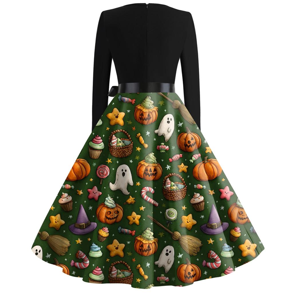 Women's Casual Fashion Halloween Printed V-Neck Vintage Dress