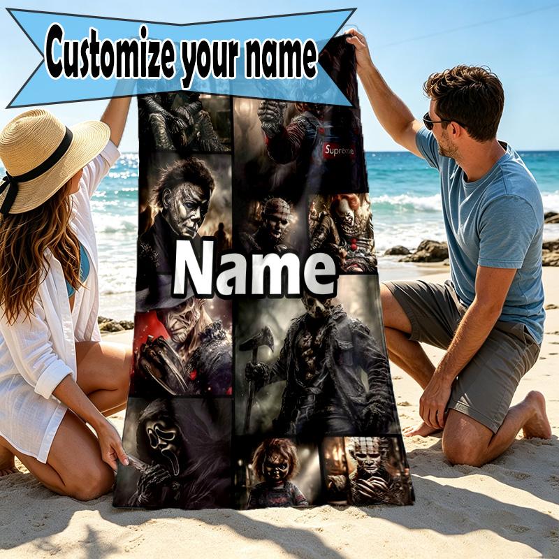 Custom Name Personalized Bride of Chucky Print Beach Towel, for Trip Camping Beach Party Home Decor, Birthday Gift for Family & Friends