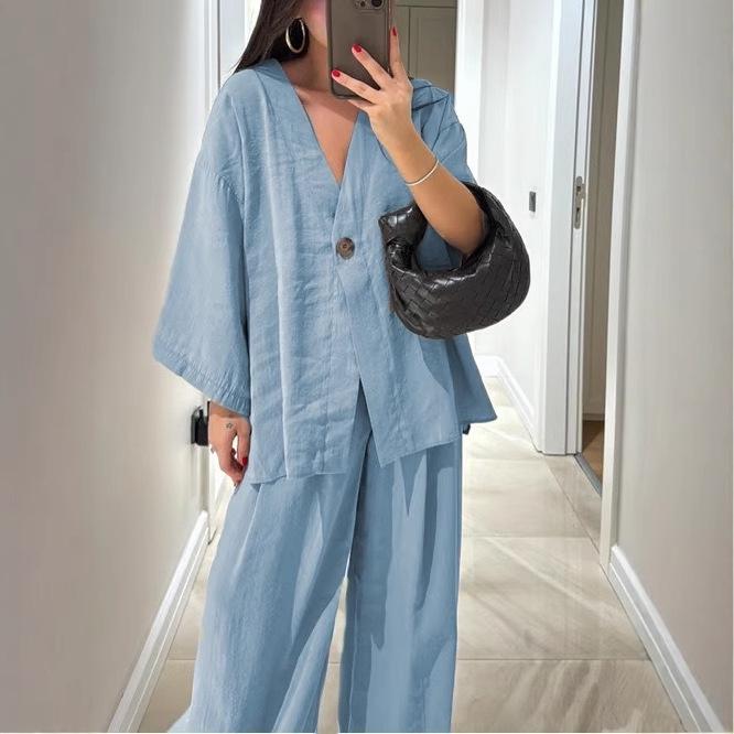 2025 Women's Casual V-neck Top & High-waisted Pants Set