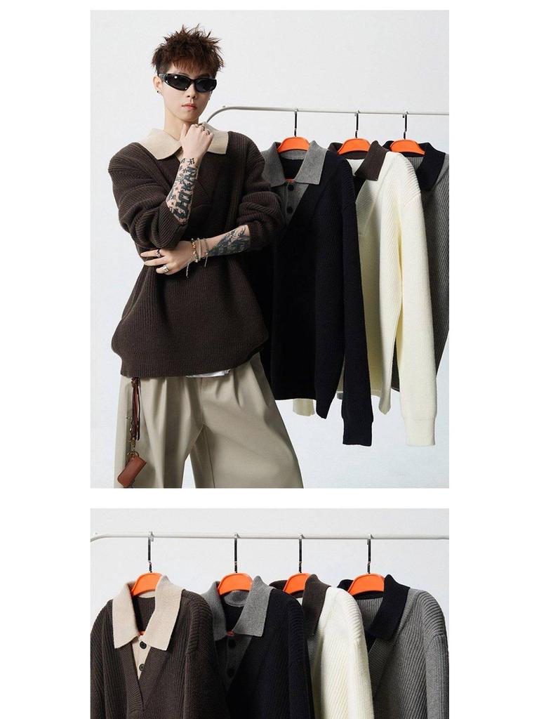 Men's American Retro Faux Two-Piece Polo Collar Sweater - Autumn/Winter Clean Fit Loose Casual Knitwear