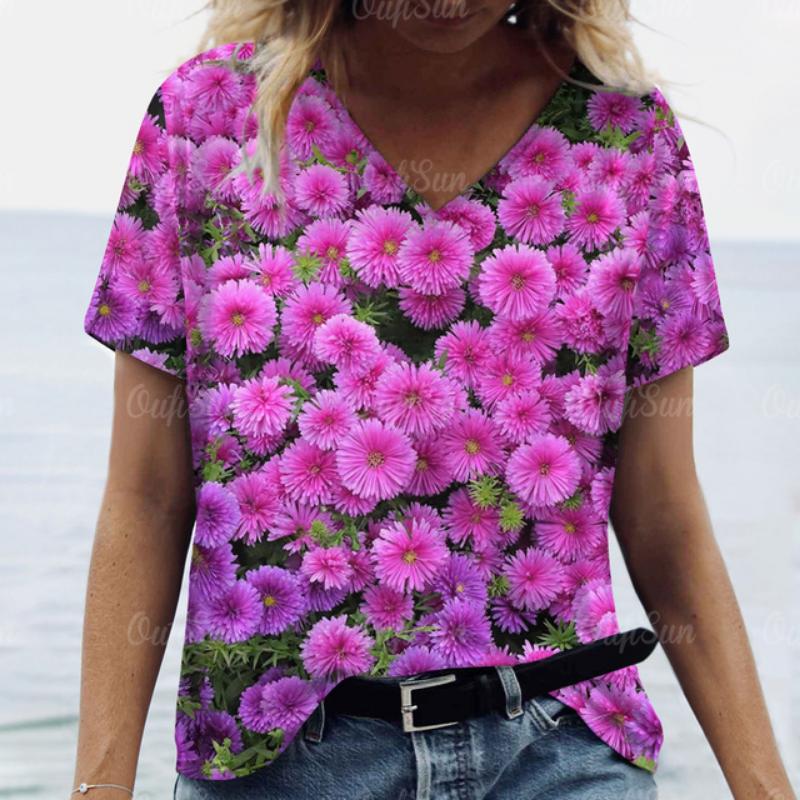 2025 Women T shirt Summer 3D Floral T-Shirt Plus Size Women's Clothing Oversized Designer Short Sleeve Shirt Women V Neck Blouse