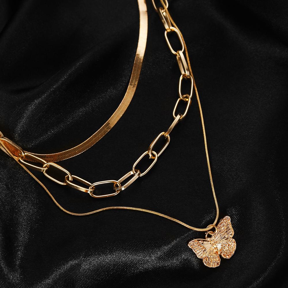 Fashion Butterfly Elegant Pendant Women's Charm Hollowed Out Jewelry Student Necklace Three Piece Set