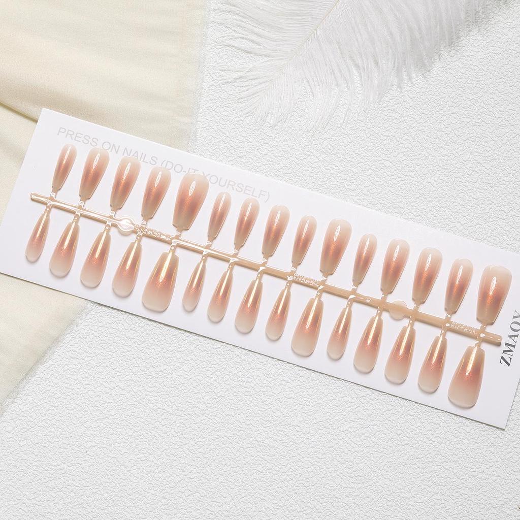 Nail Art Gilded Cat's Eye Blush Tips - 30-Piece Set, Handmade & Ready-to-Wear In XS/S/M