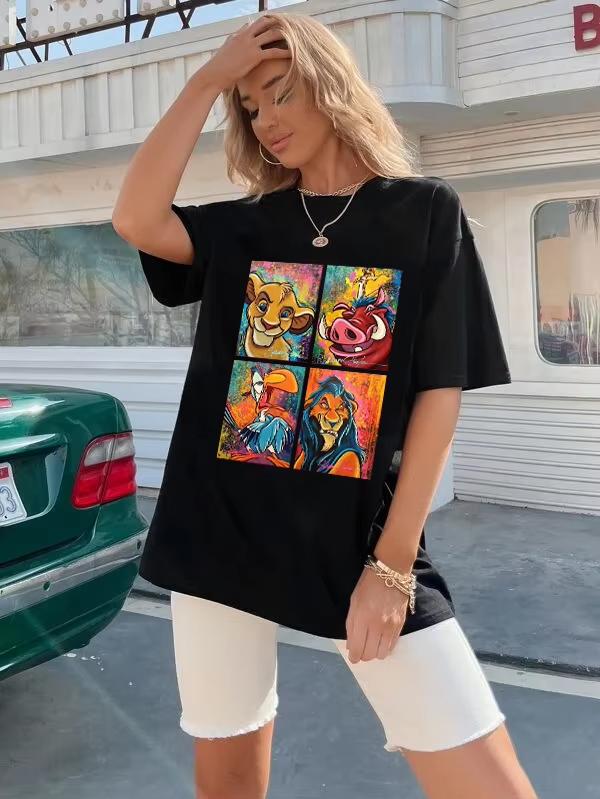 2026 New Ulzzang Harajuku Cartoon Lion King Print Fashion WoUnisex Crew Neck Loose Plus Size Short Sleeve TShirt