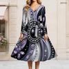 Women Plus Size V Neck Long Sleeve Printed Dress Grey Black A Line Flared With Waist Belt