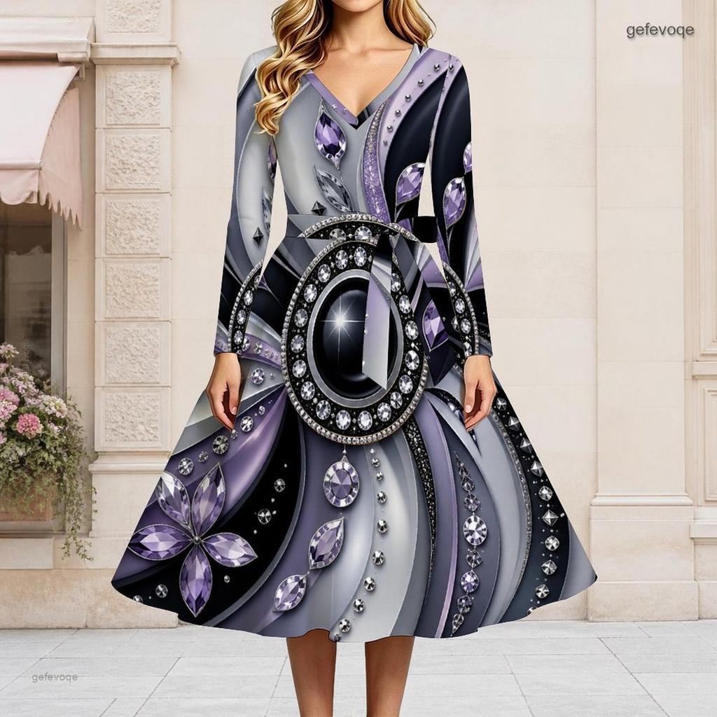 Women Plus Size V Neck Long Sleeve Printed Dress Grey Black A Line Flared With Waist Belt