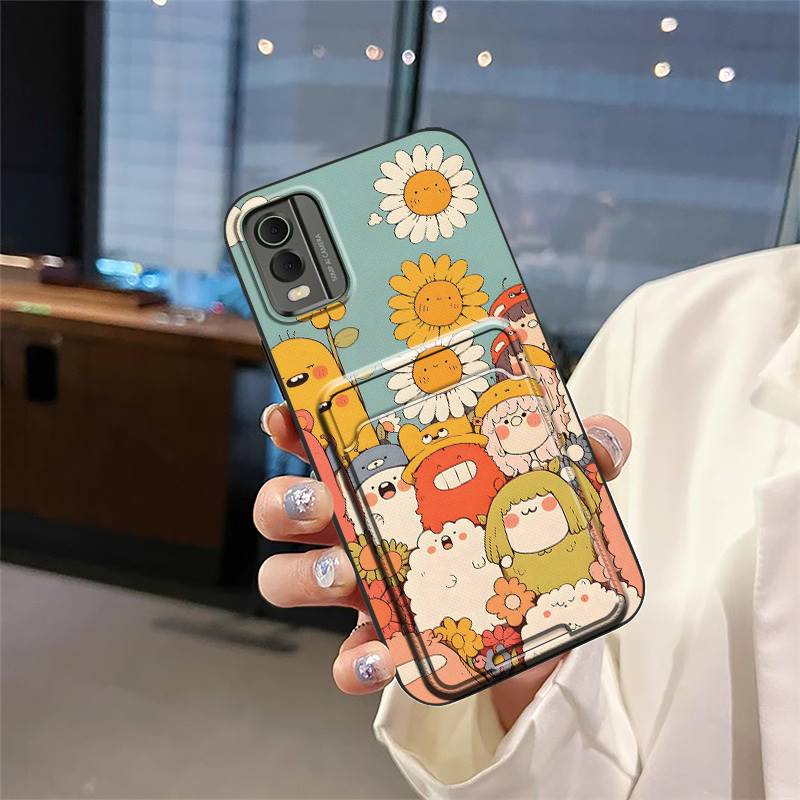 Cute Cover Phone Case For Nokia C32 Soft Case Card Slot Card Sleeve Back Cover Silicone Card Bag Anti-dust Graffiti TPU