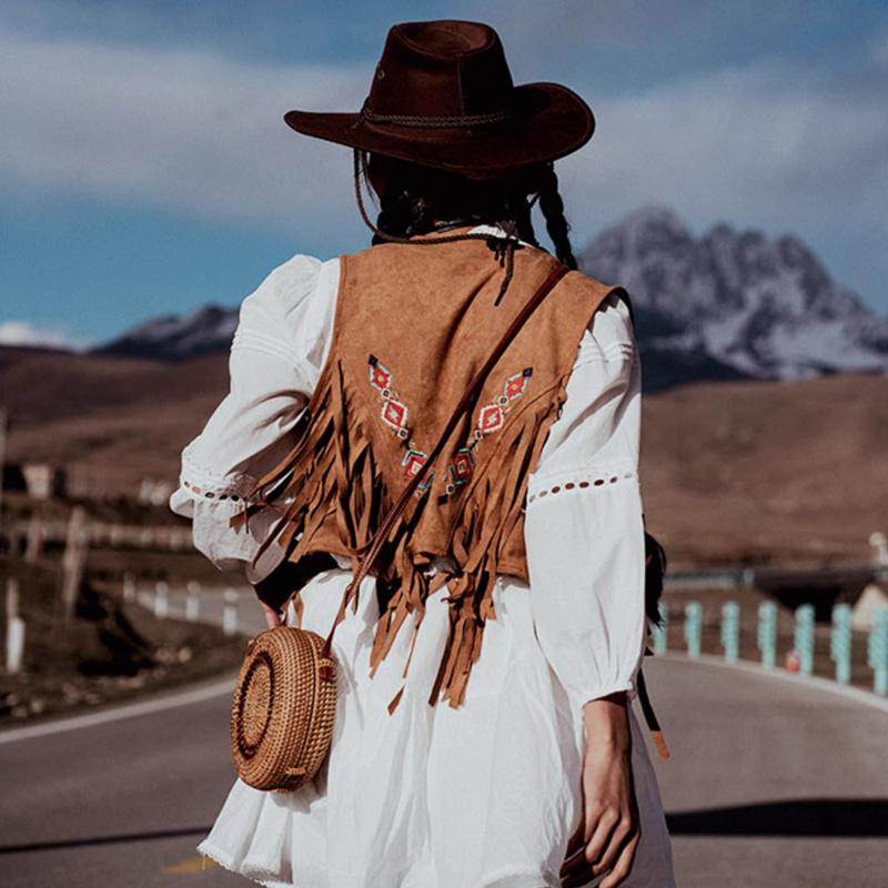 Bohemian Vintage Fringe Embroidered Vest Women Short Waistcoat Ethnic Style Travel Outfit
