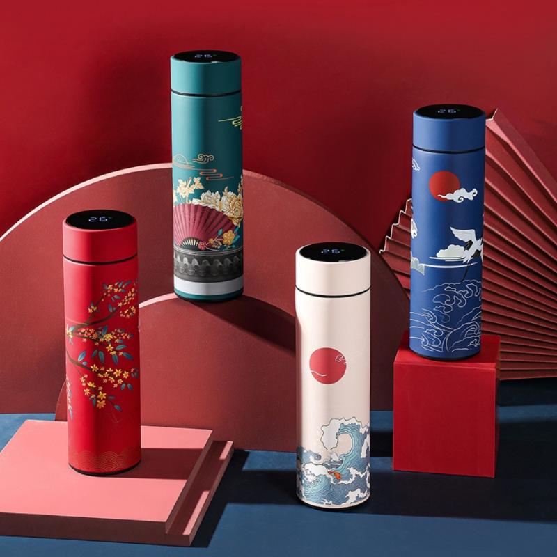 Vakuum Glaskolben Im Chinesischen Stil Mit Temperatur Display Retro Smart Isolierte Wasser Flaschen 304 Edelstahl