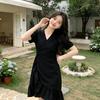 New V-neck Bubble Sleeves Waist Thin Ruffle Edge Dating Short Skirt Trendy Temperament Black Dress Women's Summer