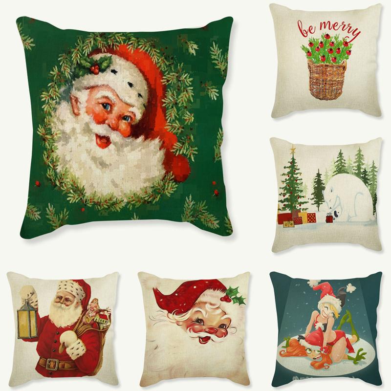 Christmas Santa Claus Throw Pillow Case For Indoor Decoration Christmas Tree Cute Bear Print Linen Sofa Cushion Cover Pillowcase