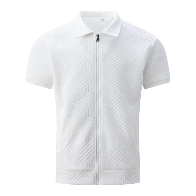 New Men's Clothing, Large Size Men's Solid Color Jacquard Lapel Casual Outdoor Zip-up Short-sleeve Jacket