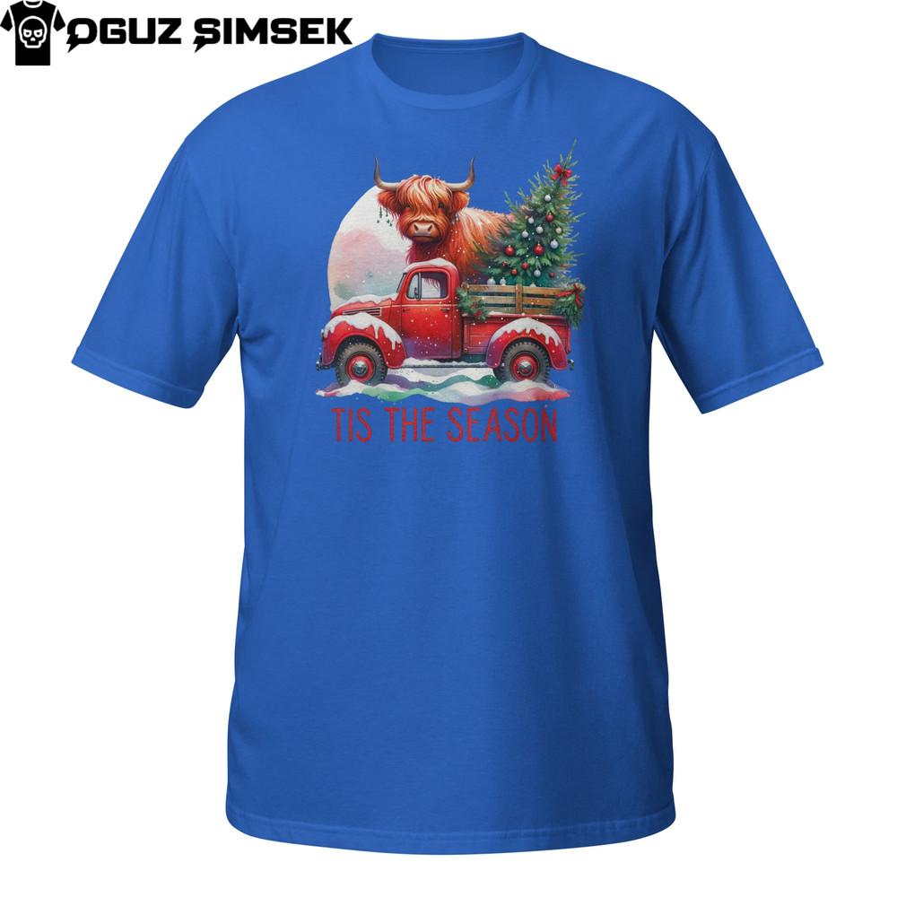 

Funny Highland Cow Christmas T-Shirt | Tis The Season Red Truck Tee XL