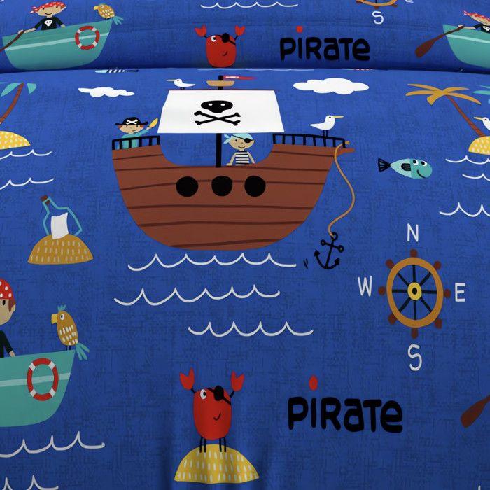 Parure housse de couette 140x200 cm PIRATES bleu, 100% coton 57 fils/cm2, par Soleil d'Ocre