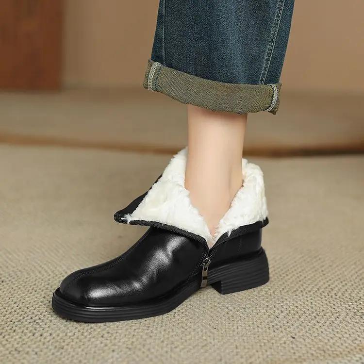 Fashion NEW Winter Women Boots Round Toe Chunky Heel Shoes Split Leather Shoes for Women Concise Warm Plush Ankle Boots Zip Modern Boots