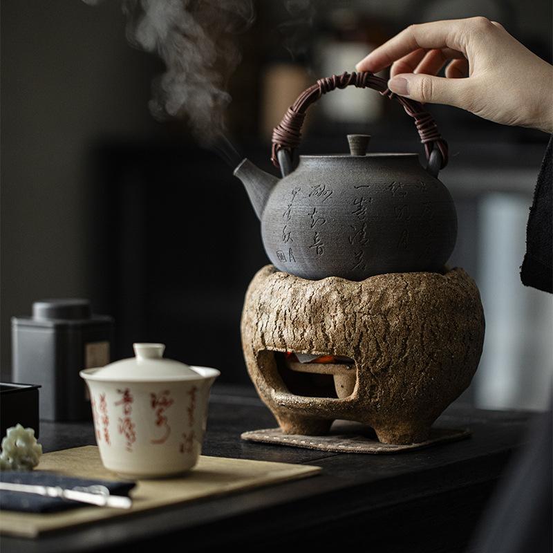 Chinese retro handmade wood fired teapot with lifting beam, tea maker, charcoal stove, boiling water kettle