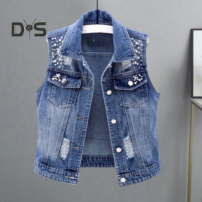 Gilet in denim da donna, senza maniche, con risvolto largo, con perline, monopetto, tinta unita, vintage, cuciture robuste, hip hop, streetwear, autunno e primavera