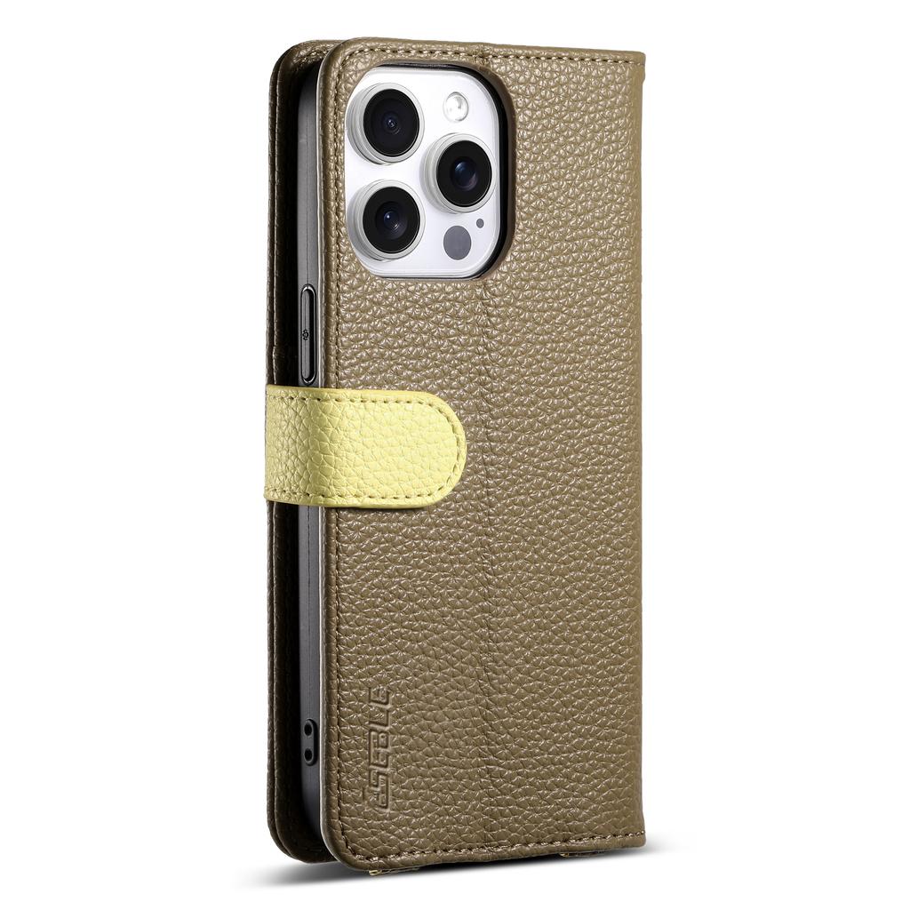 ESEBLE E11 For iPhone 16 Pro Max Case Zipper Pocket Litchi Texture Leather Phone Cover with Mirror and Wrist Strap