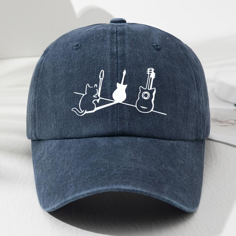 Unisex Adjustable Soft Top Baseball Cap - Cat and Guitar Print Design Lightweight and Breathable Outdoor Fishing Hat