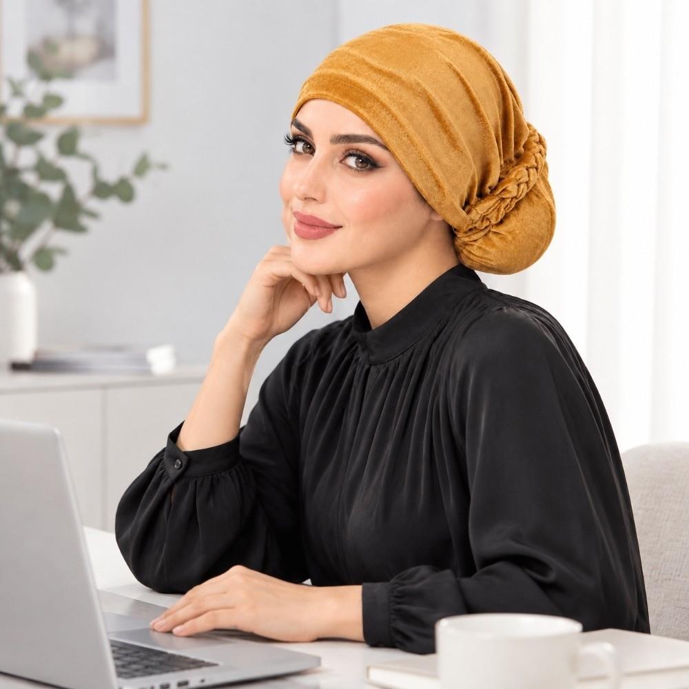 Plated Finish Velvet Turban Hat Solid Color Chemo Beanies Elegant Muslim Headscarf Cap for Women
