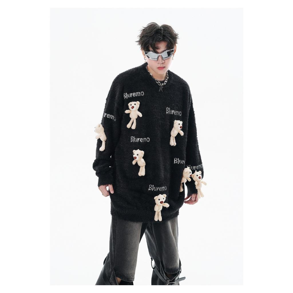 BLUREMO Herbst und Winter Neu Lustiger Cartoon Bär Puppe Gestrickter Pullover Buchstaben Jacquard Rundhals Lockerer Pullover