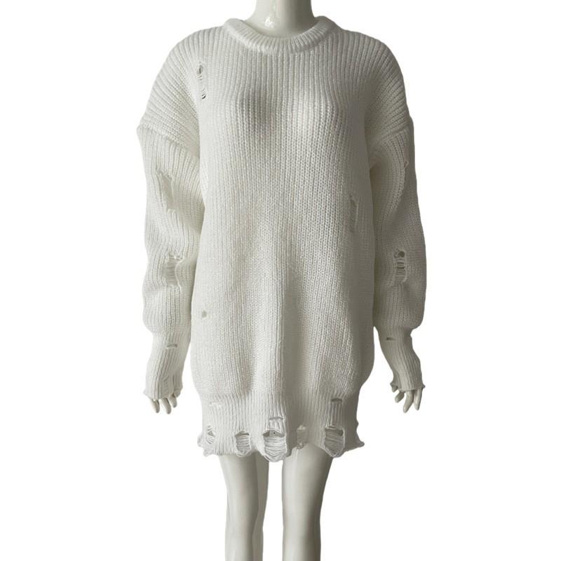 Womens Oversized Knit Sweater Dress Loose Fit Round Neck Solid Color Long Sleeve Mid-Length Pullover Winter