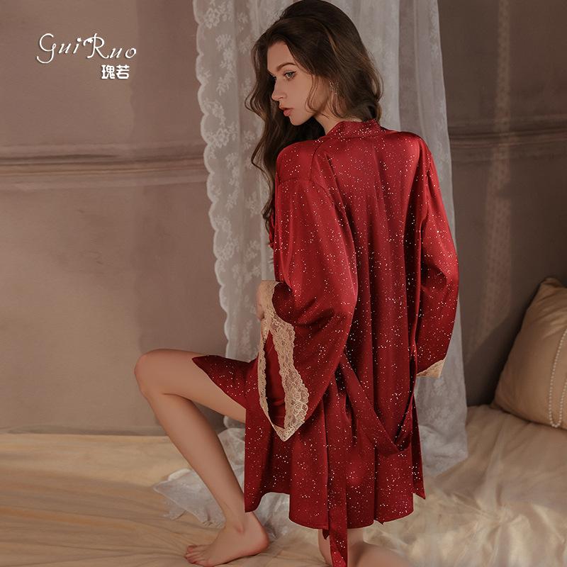 Women's Plus Size Push Up Padded Backless Cami Sleep Dress with Robe Lounge Set