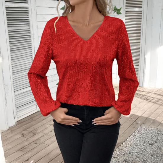 Women Tops V-Neck Lantern Long Sleeve Pullover Tops Loose Fit Solid Color Shiny Sequins Party Blouse Streetwear