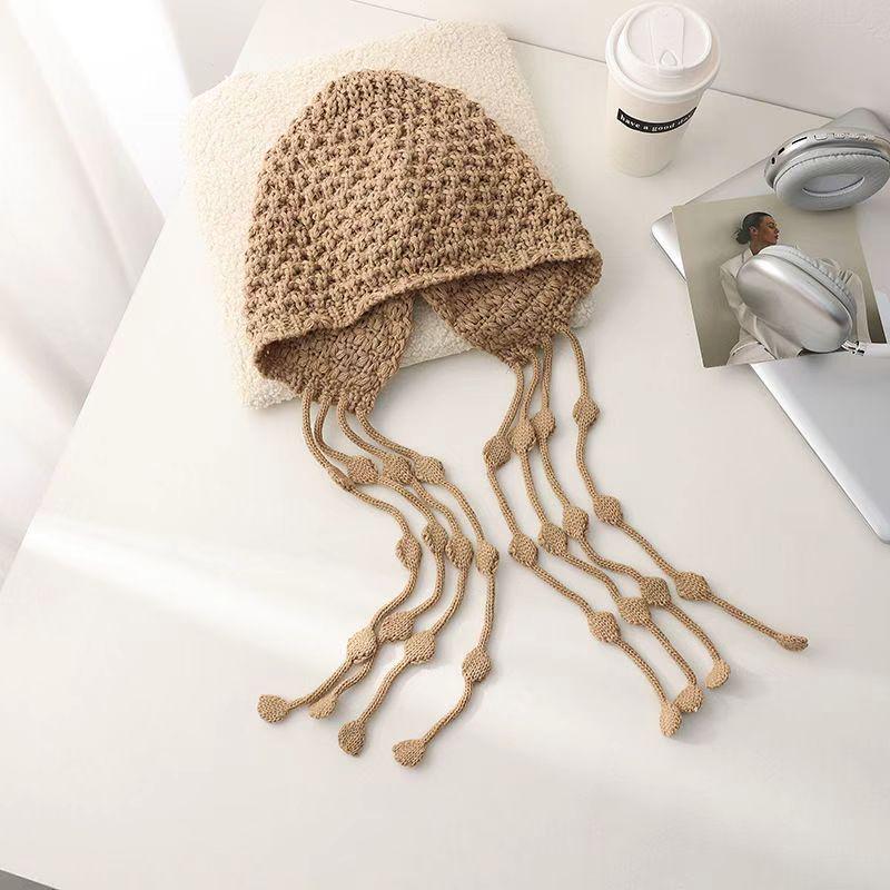 Women's Red Ethnic Tassel Hat - Winter Handmade Knitted Wool, Small-Face Retro Fashion