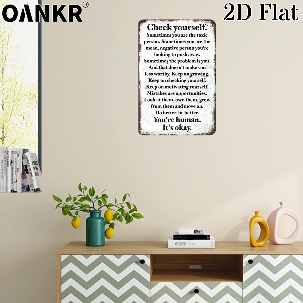 Lustiges Metallblechschild Check dich selbst Motivierendes Zitat Kunstposter Metallschilder für Man Cave Schlafzimmer Heimwanddekor Zubehör